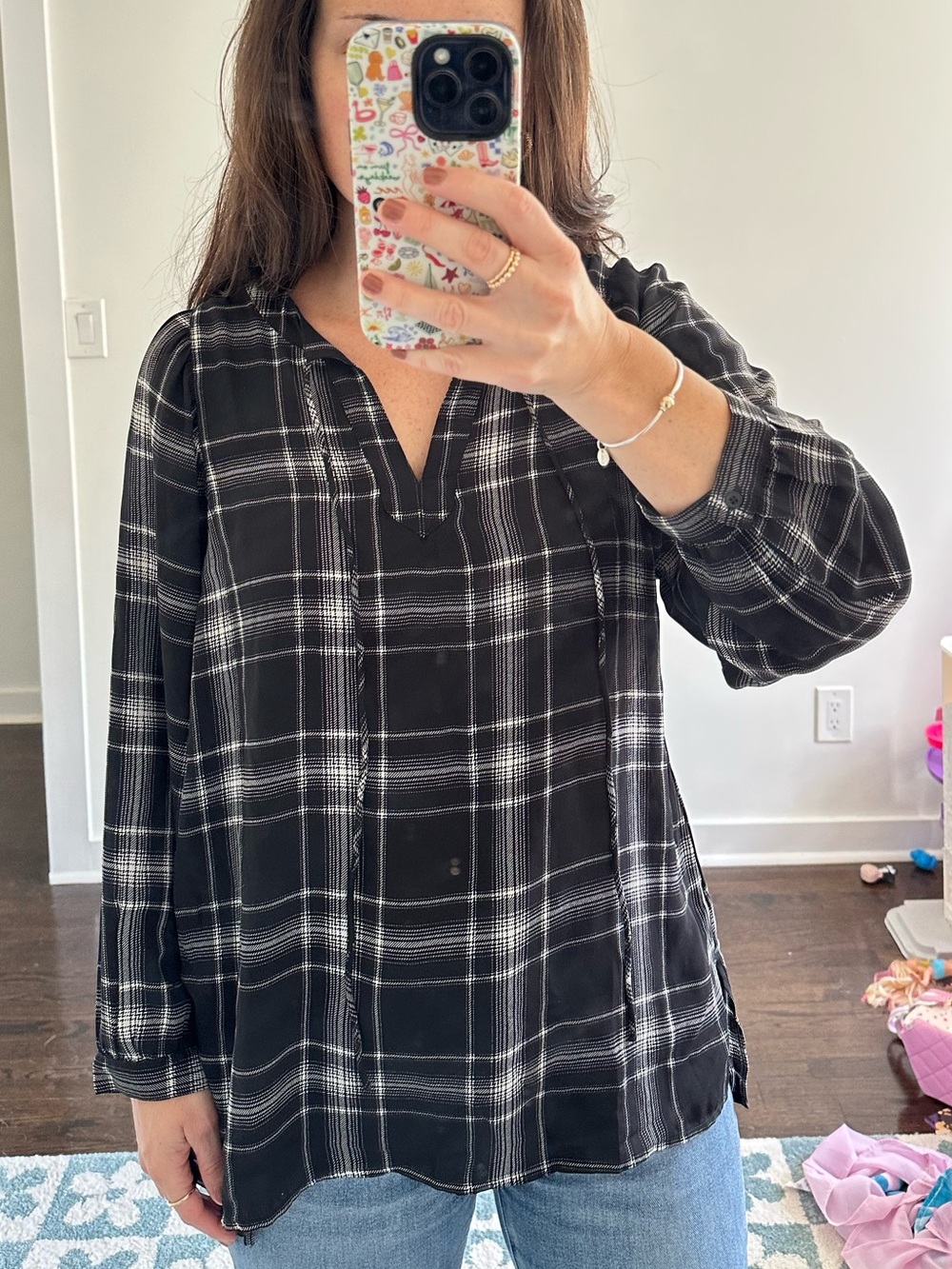 LOFT Outlet Black White Plaid Split Neck Tunic Blouse | Size Small